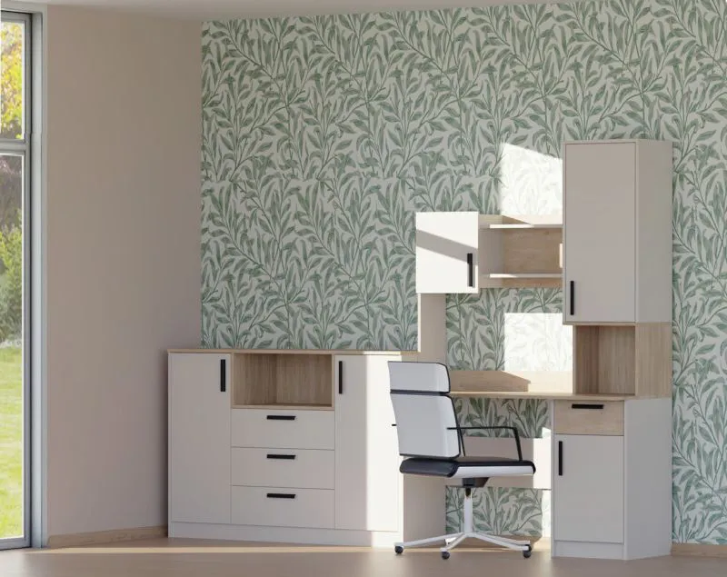 Cameretta completa 2 pezzi "Fafe" | Color cashmere e rovere Cremona | Cassettiera e scrivania con sistema Soft-Close