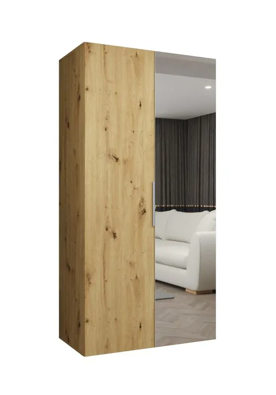 Armadio a battente Korab 57 | Rovere Artisan e anta specchio | Maniglie color cashmere | 1 m larghezza | Sistema Soft-Close