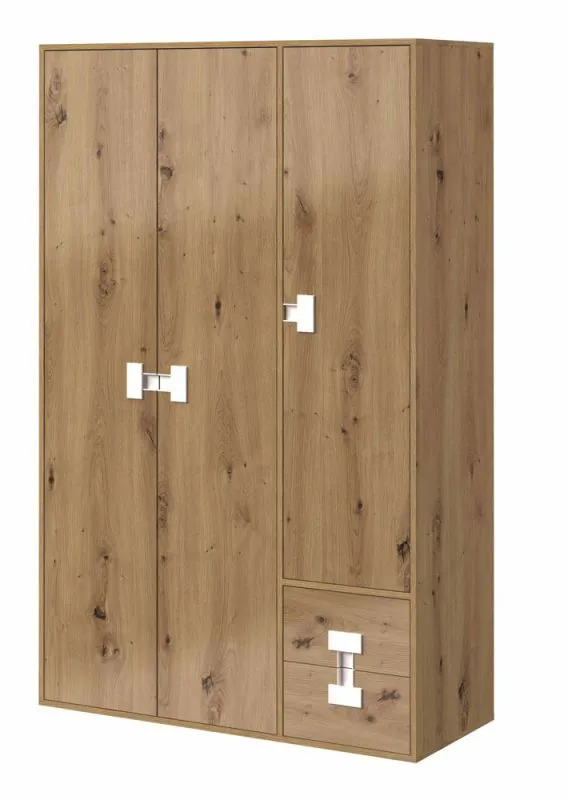 Armadio cameretta "Garian" 04 | Rovere e bianco | 191 x 120 x 50 cm | 3 ante, 2 cassetti, stile moderno
