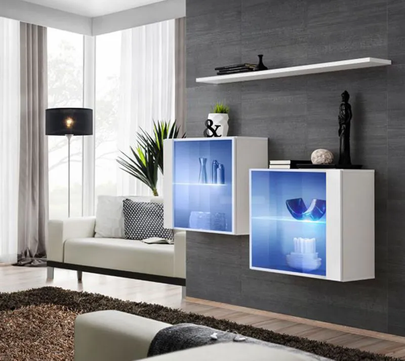 Set 2 armadi a muro con mensola Balestrand 354 | Bianco lucido | 110 x 130 x 30 cm | Illuminazione LED