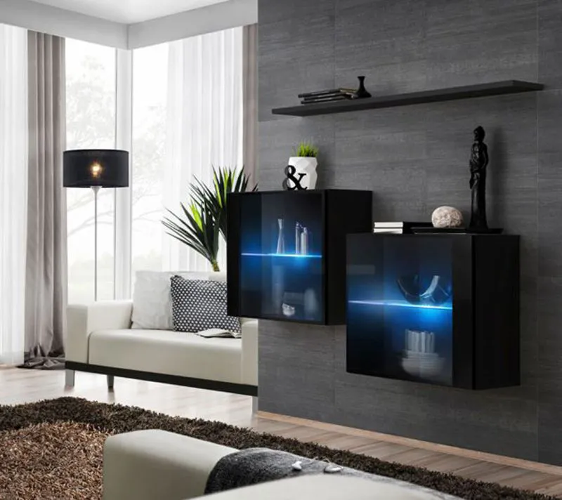Pensili Balestrand 355 nero | Set 2 elementi con mensola a muro | Illuminazione LED | 110 x 130 x 30 cm