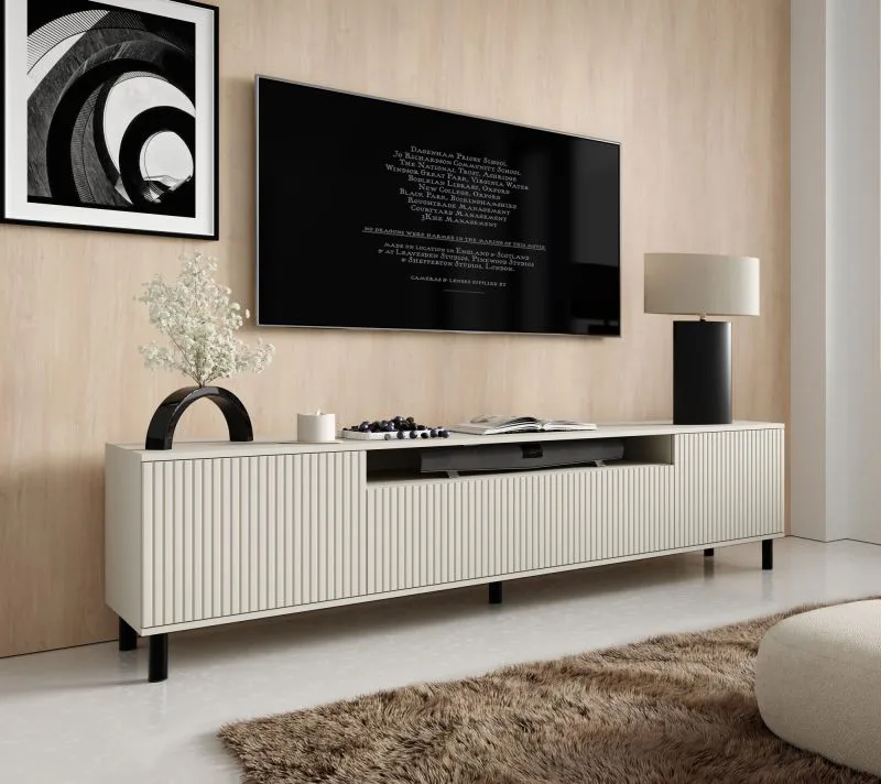 Mobile TV "Cienequillas" 15, color cashmere, gambe: nero, 2 ante a battente, 1 anta a ribalta, 4 scomparti, funzione “push-to-open”, 200 x 40 x 54 cm