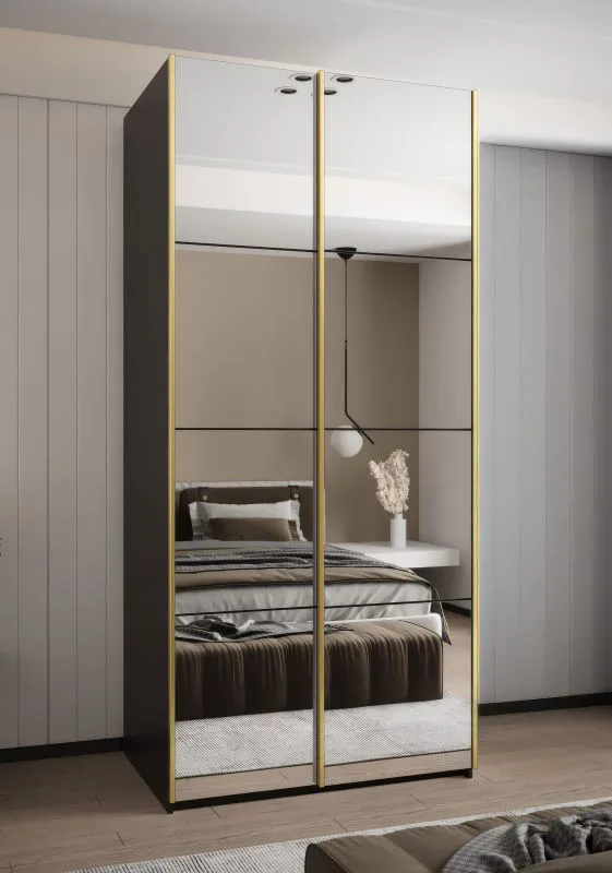 Armadio ad ante scorrevoli "Tampa", nero, 2 ante scorrevoli, 6 scomparti, 2 barre appendiabiti, 2 specchi, Sistema "Soft-Close", bordi in ABS, 245,5 x 100 x 64 cm
