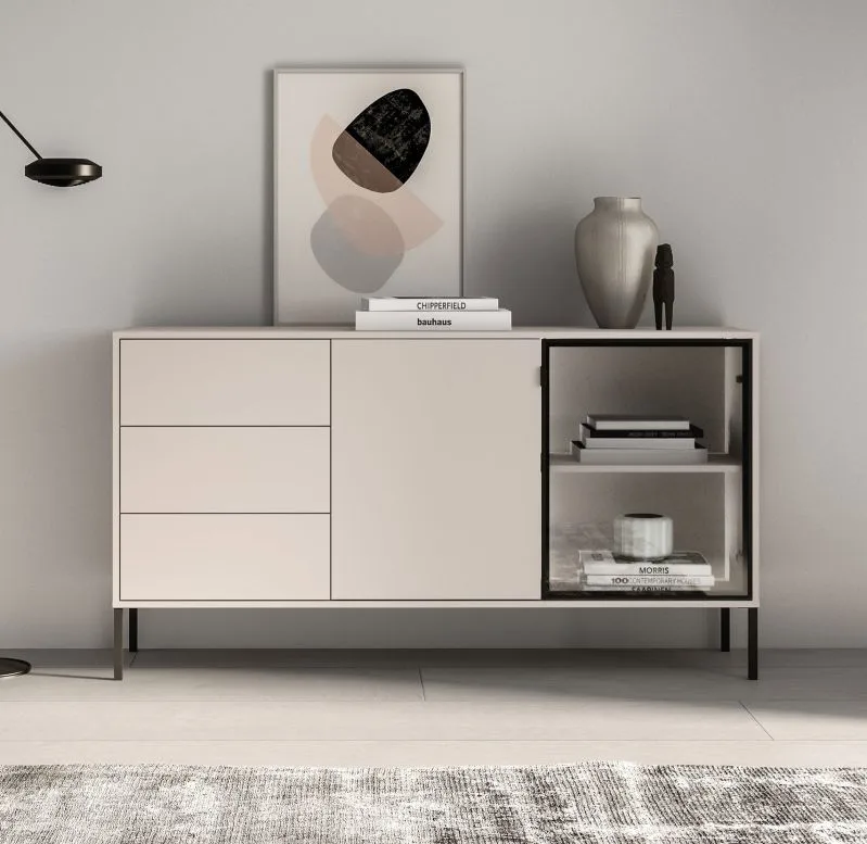 Madia "Arkansas" 02, color cashmere, 1 anta in vetro con struttura in alluminio, 3 cassetti, 4 scomparti, illuminazione a LED, funzione "push-to-open", 160 x 40 x 86 cm