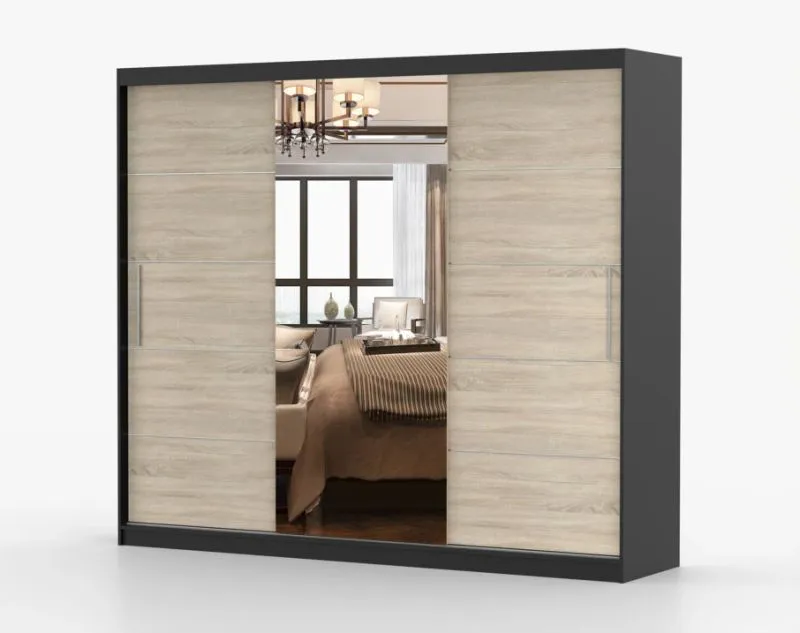 Armadio scorrevole Cevennen 14 | Nero/Rovere | 3 ante con specchio | 12 scomparti | 218 x 250 x 61 cm