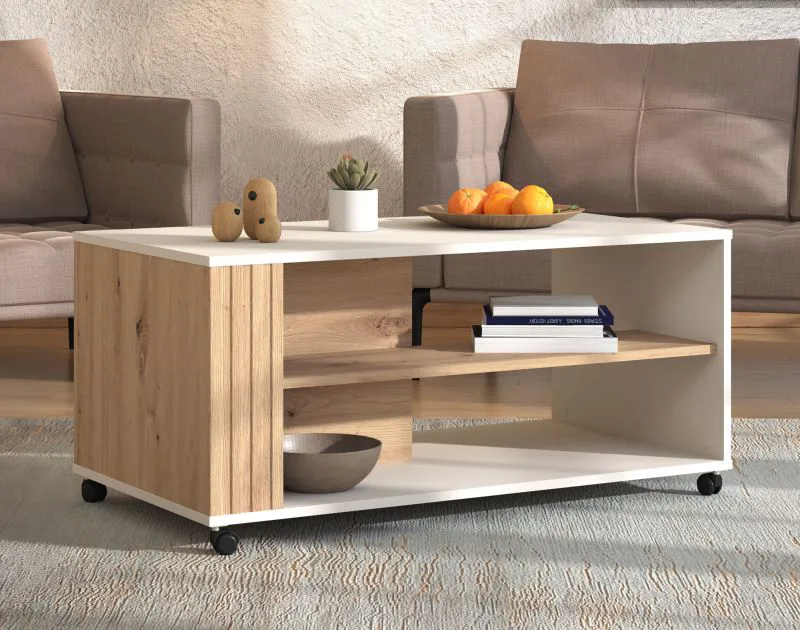 Tavolino con ruote "Venac" 01 | Rovere Artisan e cashmere | 1 ripiano | MDF | 46 x 101 x 54,5 cm