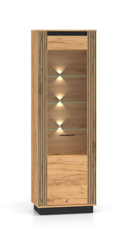 Vetrina con maniglia sottile Dagali 04, colore: rovere / nero, sistema Soft-Close, 6 scomparti, bordi protettivi in ABS, 3 ripiani in vetro, dimensioni: 200 x 65 x 40 cm