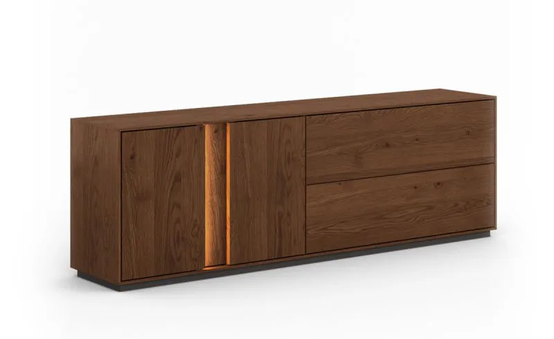 Mobile porta TV Sienne 08 | Rovere selvatico massiccio | Color tabacco | 6 scomparti | 4 ante push to open | 60 x 185 x 43,5 cm