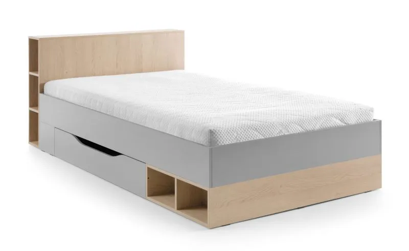Letto singolo con cassetto | Rovere e grigio moderno | 120 x 200 cm | Testata con 6 vani | Bordi ABS