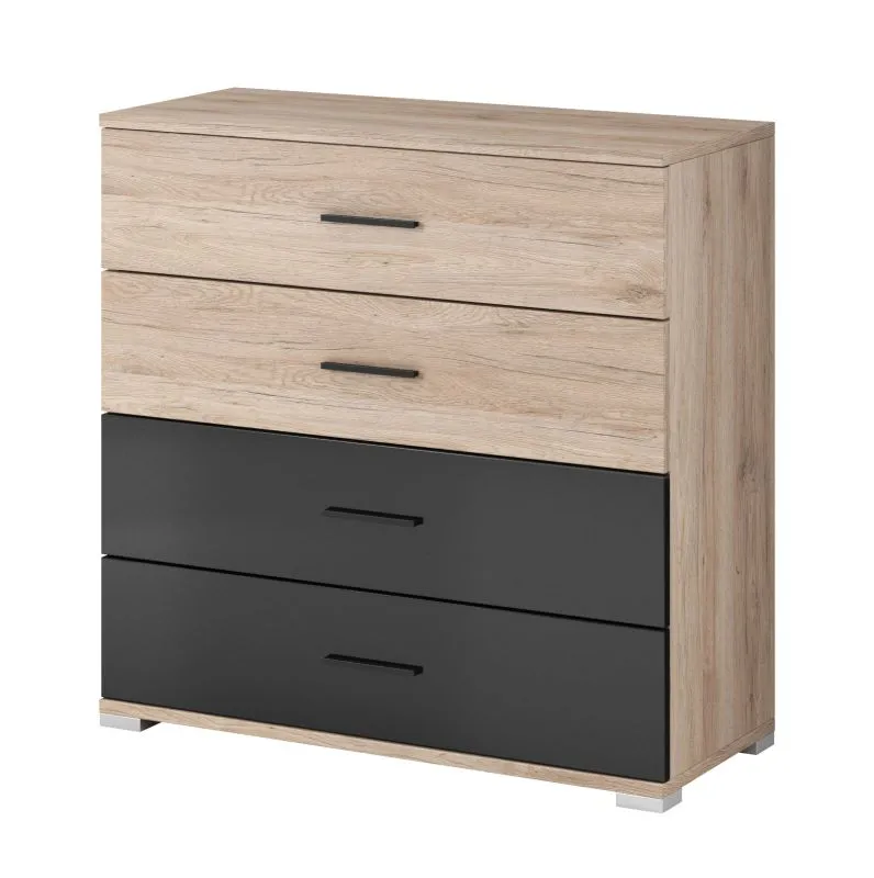 Cassettiera Troodos 04 | Rovere/nero lucido | 4 cassetti | Piano antigraffio e antiumidità | 93 x 90 x 42 cm