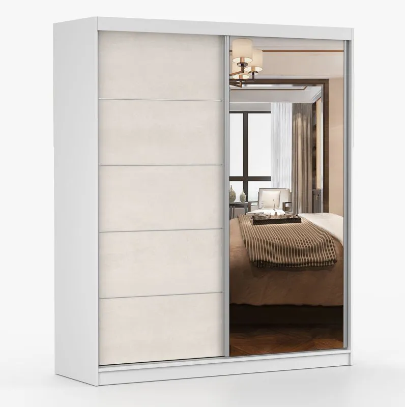 Armadio scorrevole con specchio | 2 ante, 6 scomparti | Bianco e seta | 218 x 183 x 61 cm