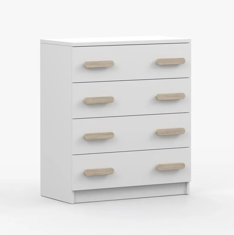 Cassettiera Smolikas 23 bianca | 4 cassetti | Maniglie legno marrone | 90 x 80 x 40 cm