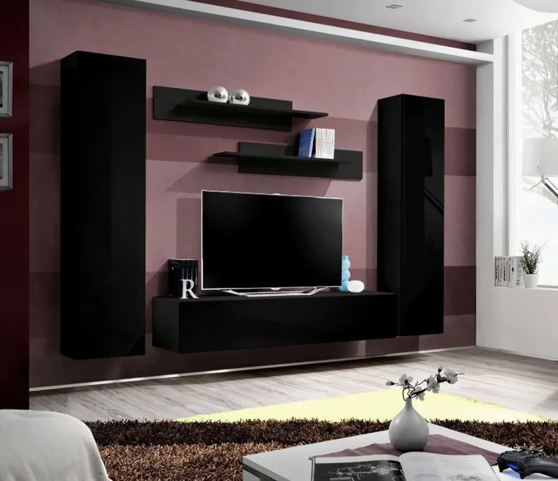 Parete soggiorno scura Hompland 04 | Nero elegante | 170 x 260 x 40 cm | Apertura a pressione