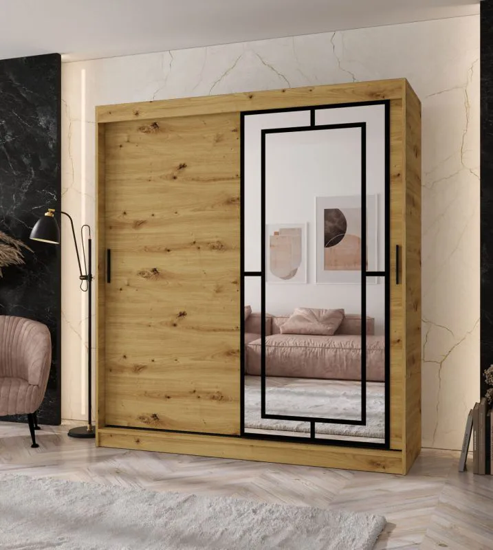 Armadio con ante scorrevoli | Colore: rovere Artisan | 10 scomparti | 2 aste appendiabiti | Lavorazione di alta qualità | 180 x 62 x 200 cm | Armadio | Anta a specchio | Design moderno