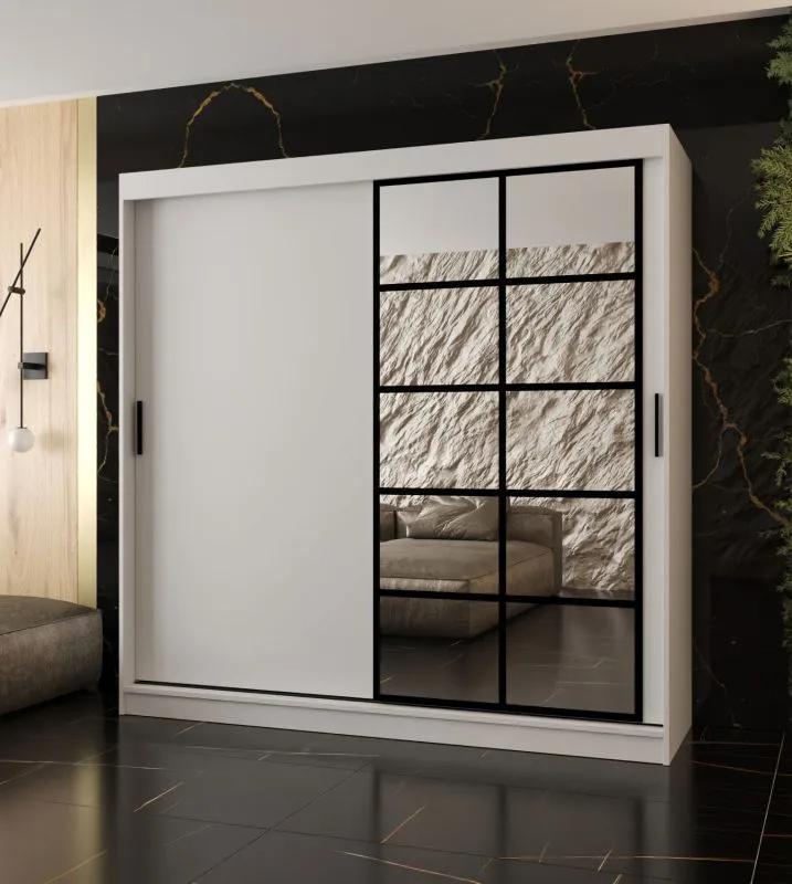 Armadio ad ante scorrevoli "Aleya" 05, bianco opaco, 10 scomparti, 2 barre appendiabiti, 200 x 62 x 200 cm