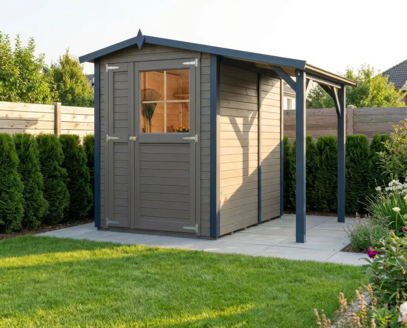 Casetta da giardino "Weilar" 01 con estensione tetto, grigio/antracite, porta con finestra in legno massiccio, SU: 4,67 m², tetto a due falde