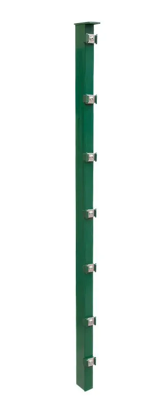 Palo per recinzione Mod. P, Finitura: vernice verde, Per recinzioni alte max: 123 cm, Lunghezza: 128,5 cm, Punti di fissaggio: 7