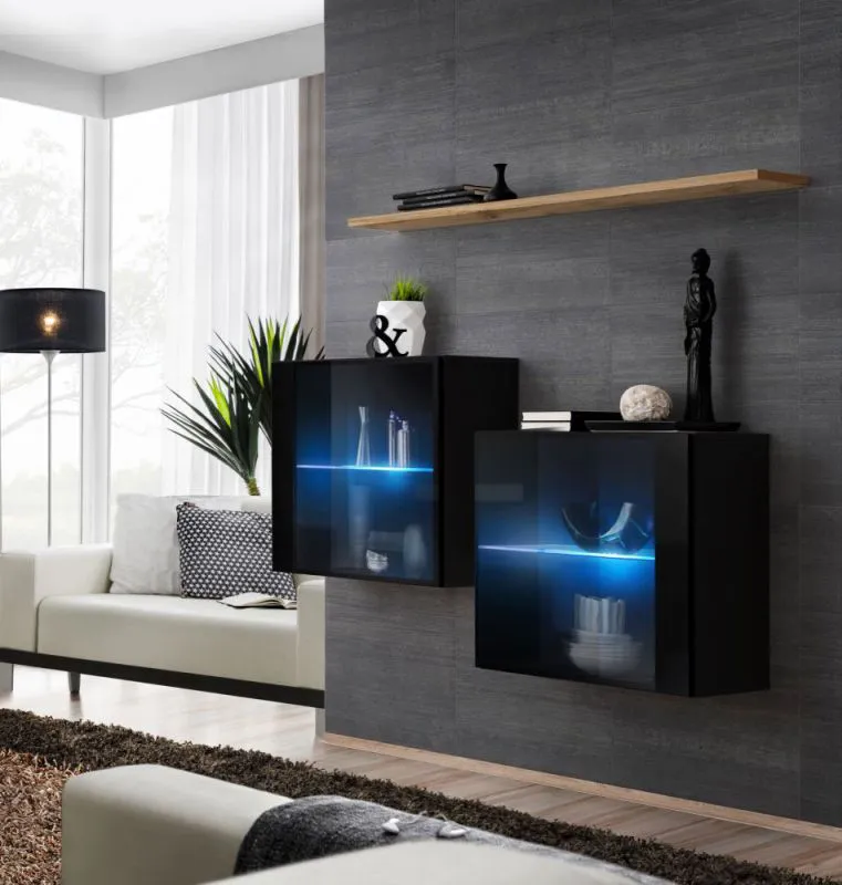 Set 2 armadi a muro apertura push-to-open Balestrand 367 | Nero/Rovere Wotan | LED integrato | 110x130x30 cm