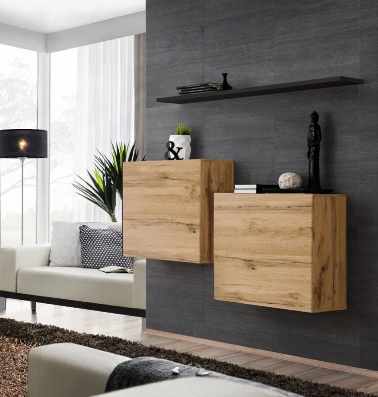 Pensili sospesi Balestrand 333 | Set 2 pezzi con mensola a muro | Rovere Wotan e nero | 110 x 130 x 30 cm