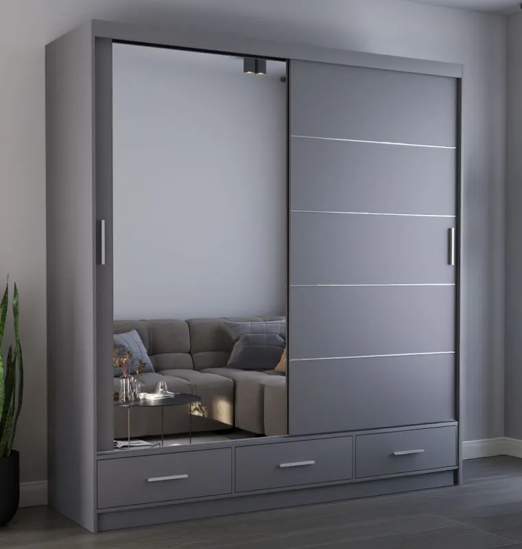 Armadio scorrevole grigio con specchio | 2 ante, 3 cassetti, 12 scomparti | 218 x 203 x 61 cm