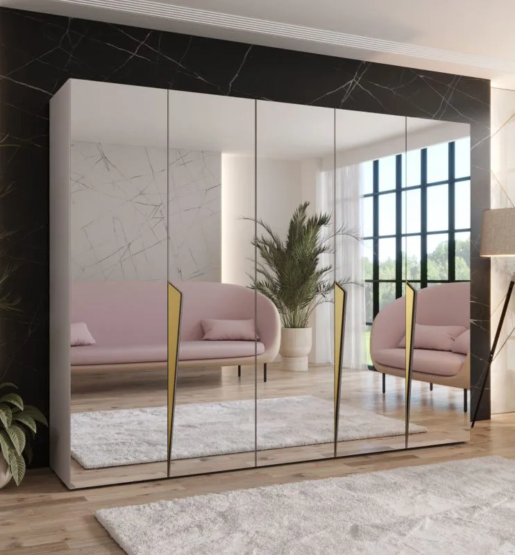 Armadio con ante a specchio "Rida" 16, color cashmere, maniglie: oro, 3 scomparti, 3 barre appendiabiti, Sistema "Soft-Close", bordi in ABS, 250 x 52 x 202 cm