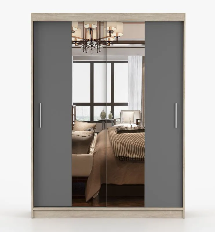 Armadio scorrevole Bucegi 07 | Rovere Sonoma e grigio | Specchio | 2 ante | 6 scomparti | 61 x 150 x 200 cm