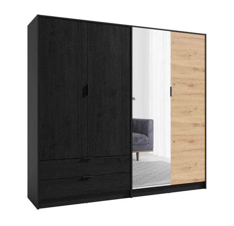 Armadio ante battenti "Filiates" 01 | Nero e Rovere Artisan | 2 cassetti | Specchio integrato | 203 x 220 x 54 cm