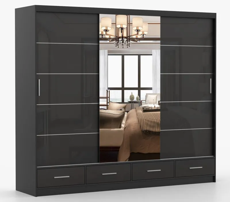 Armadio scorrevole con specchio Lusatian 30 | Nero lucido | 3 ante, 7 scomparti, 4 cassetti | 218 x 250 x 61 cm