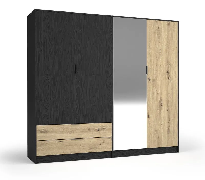 Armadio battente Galatsi 01 | Nero e rovere Artisan | 2 cassetti | 1 anta a specchio | 203 x 220,5 x 54 cm