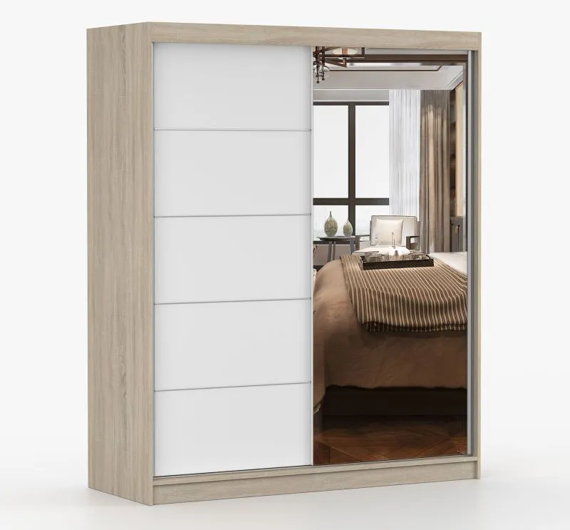 Armadio scorrevole Galtee 02 | Bianco e rovere Sonoma | Specchio frontale | 2 ante, 6 scomparti | 195 x 160 x 61 cm
