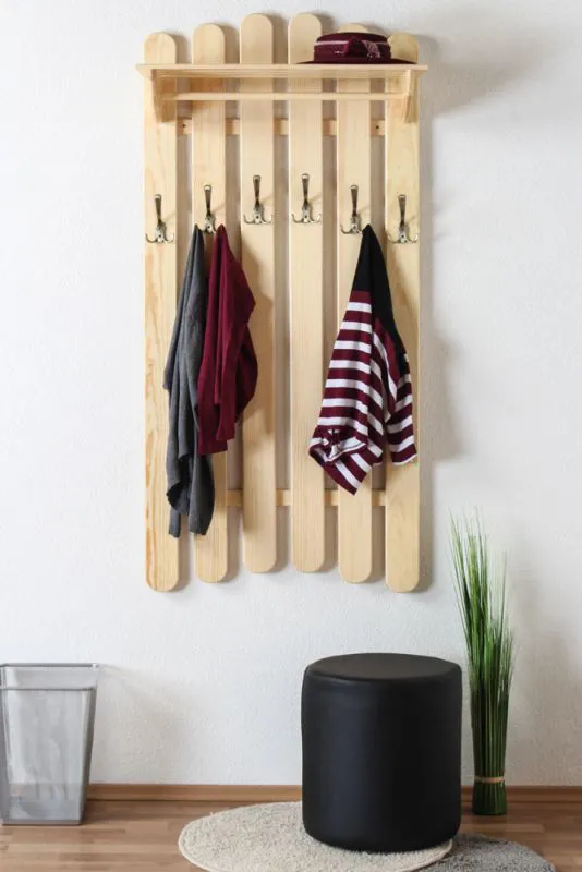 Appendiabiti in pino massello naturale Junco 340 | Design moderno | 150 x 70 x 33 cm | 6 ganci e mensola