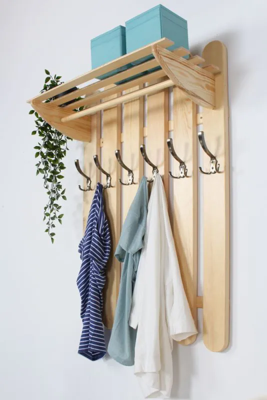 Appendiabiti in pino massello naturale Junco 347 | Design moderno | 100 x 70 x 31,5 cm | 6 ganci e mensola