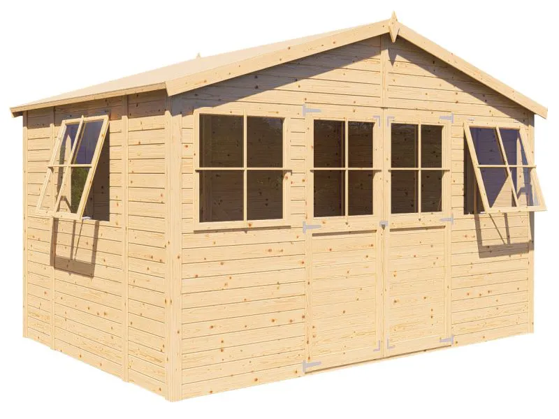 Casetta da giardino in legno di abete rosso, finitura naturale, 3,5 x 2,3 metri, tetto spiovente, casetta per attrezzi in legno, doppia porta, finestre apribili