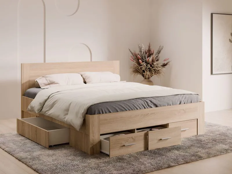 Letto king size "Doxato", color rovere Sonoma, maniglie: metallo, 5 cassetti, superficie di sdraio: 180 x 200 cm