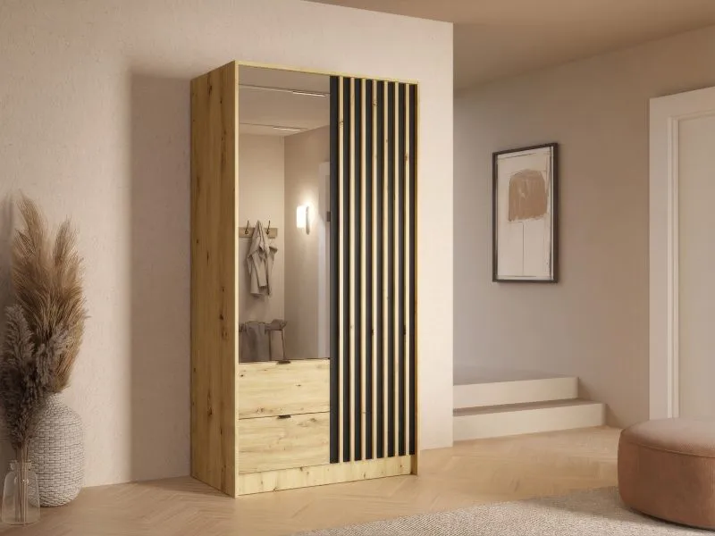 Armadio ad ante battenti "Iraklio" 01, rovere Artisan, effetto cannettato, maniglie: metallo, 2 cassetti, 5 scomparti, 1 barra appendiabiti, 1 specchio, 101,7 x 54,5 x 200,5 cm