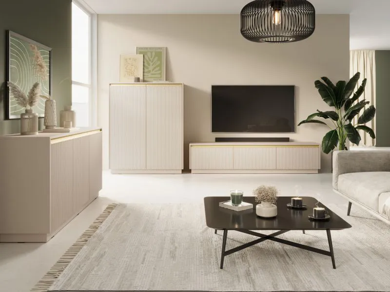 Soggiorno 3 pezzi Finghall | Beige oro | Mobile TV, madia, armadietto | ABS bordi | Soft-Close
