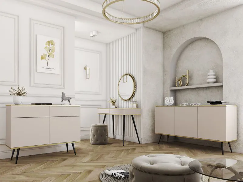 Soggiorno 3 pezzi Horsham | Beige, gambe nere | Sistema push to open | Bordi ABS | Consolle e 2 madie