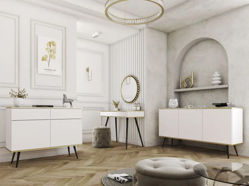 Set soggiorno 3 pezzi "Horsham" | Bianco con gambe nere | Consolle e 2 madie | Design moderno, bordi ABS, push-to-open