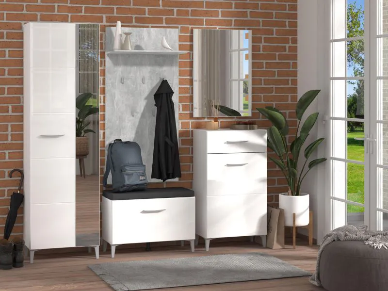 Set armadi ingresso 5 pezzi bianco lucido | Design moderno | Specchio, cuscino e appendiabiti inclusi | Bordi ABS