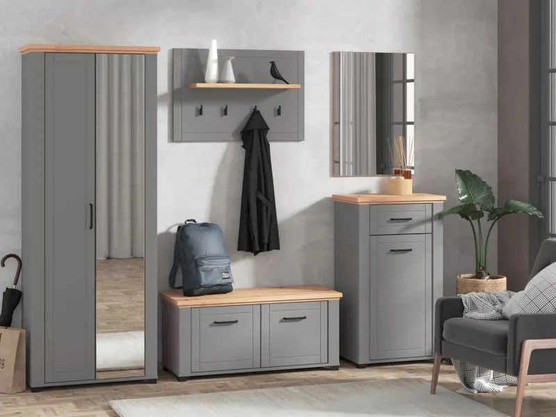 Set ingresso Banat 5 pezzi | Armadio con specchio | Cassettiera | Scarpiera | Protezione bordi ABS | Ganci appendiabiti