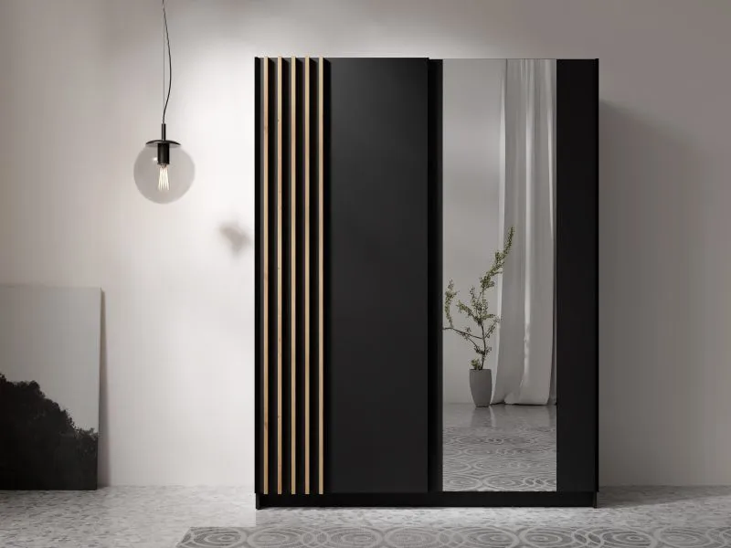 Armadio ad ante scorrevoli "Amyndeo" 01, nero/doghe decorative in rovere Artisan, 5 scomparti, 1 barra appendiabiti, 1 specchio, 150,5 x 62 x 198,5 cm