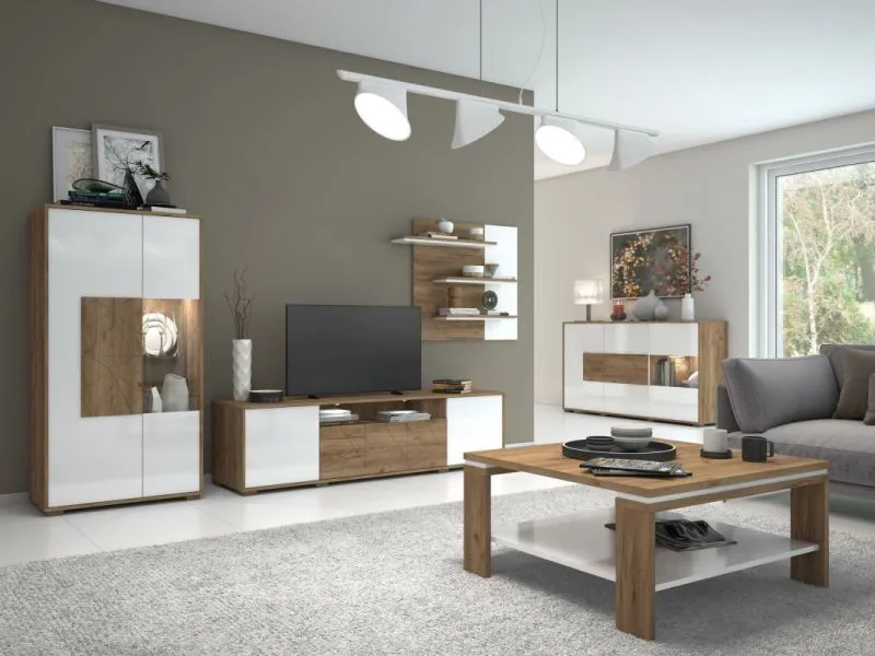 Arredo soggiorno moderno 5 pezzi | Rovere marrone e bianco lucido | Set "Manase" | Design contemporaneo