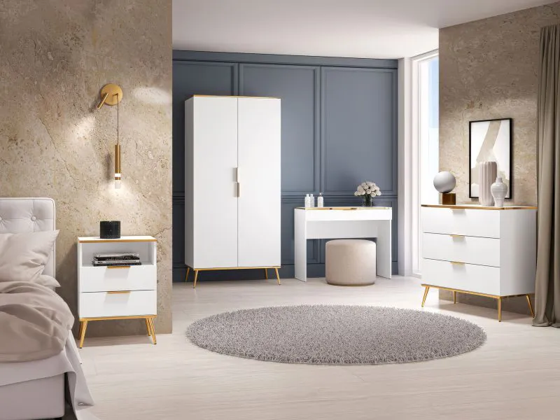 Cameretta elegante Breckenridge 5 pezzi | Bianco con dettagli oro | Soft-close | Design moderno