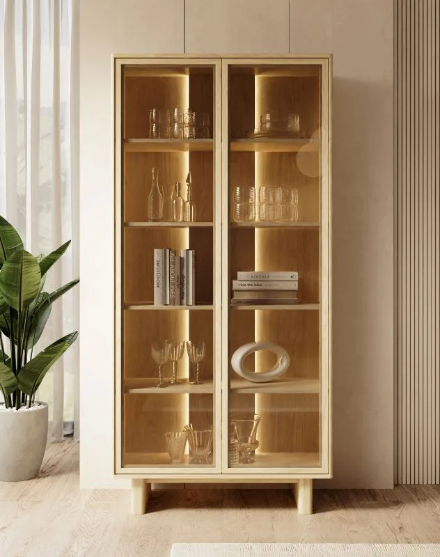 Vetrinetta "Mazen" 01, color rovere oliato, 2 ante in vetro, 5 scomparti, illuminazione a LED, funzione "push-to-open", 94 x 38 x 195 cm