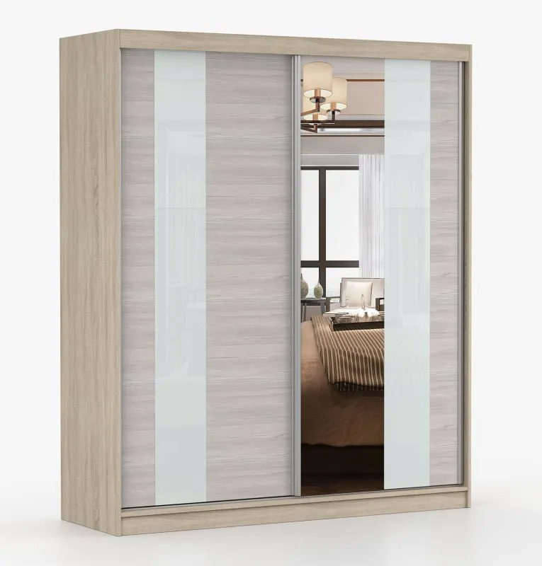 Armadio scorrevole Gorski 06 | Bianco lucido, Rovere Artisan | Specchio | 2 ante | 6 scomparti | 218x183x61 cm