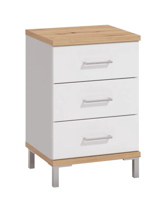 Comodino "Palanka" 05 | Bianco lucido e rovere Artisan | 3 cassetti | Bordi in ABS | 69 x 45 x 40 cm