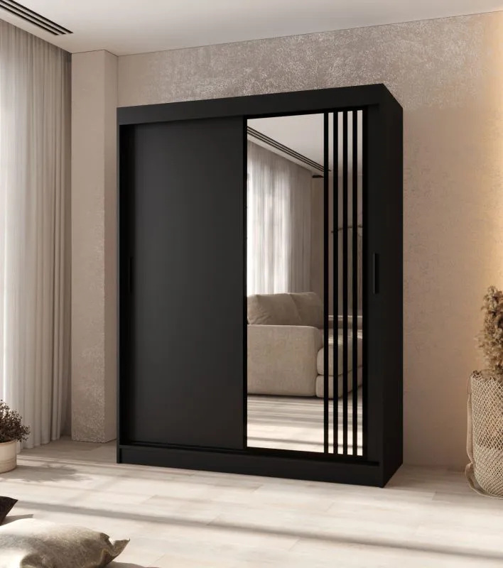 Armadio con ante scorrevoli | Nero opaco | 5 scomparti | 2 aste appendiabiti | Dettagli moderni | 1 anta a specchio | 150 x 62 x 200 cm | Armadio