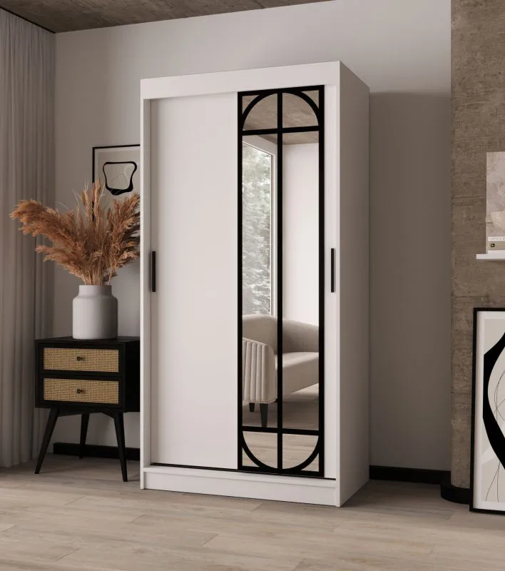 Armadio | Bianco opaco | 2 aste appendiabiti | 5 scomparti | 100 x 62 x 200 cm | Antica decorativa a specchio | Armadio con ante scorrevoli | Dettagli moderni