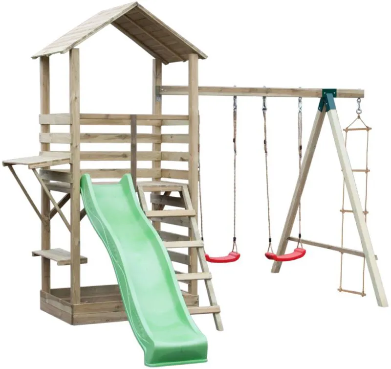 Torretta gioco "17A" incl. scivolo a onde, altalena doppia e scala in corda - 315 x 370 cm