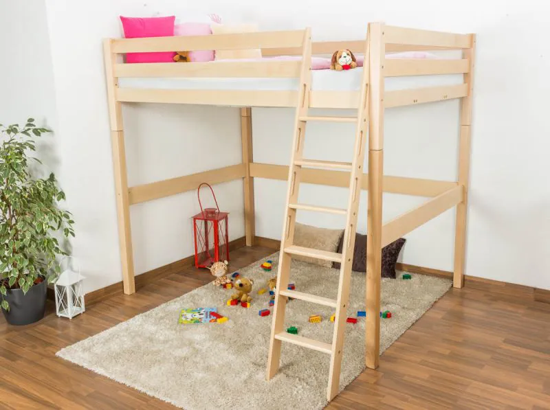 Letto a soppalco Andreas | Faggio massiccio naturale | Rete a doghe avvolgibile | 140 x 200 cm